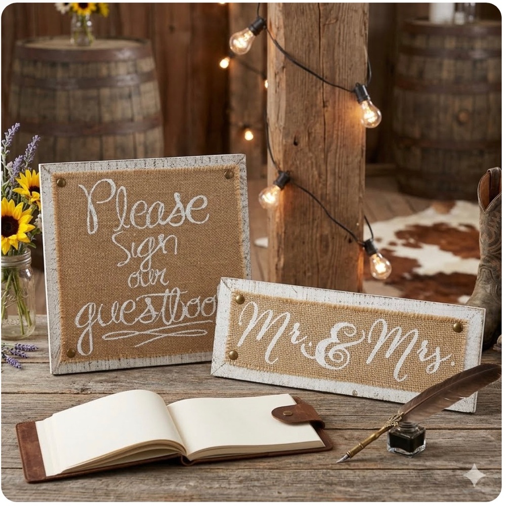 Hobby Lobby Rustic Wedding Signs Burlap Wood Guestbook Mr. & Mrs. Western Decor